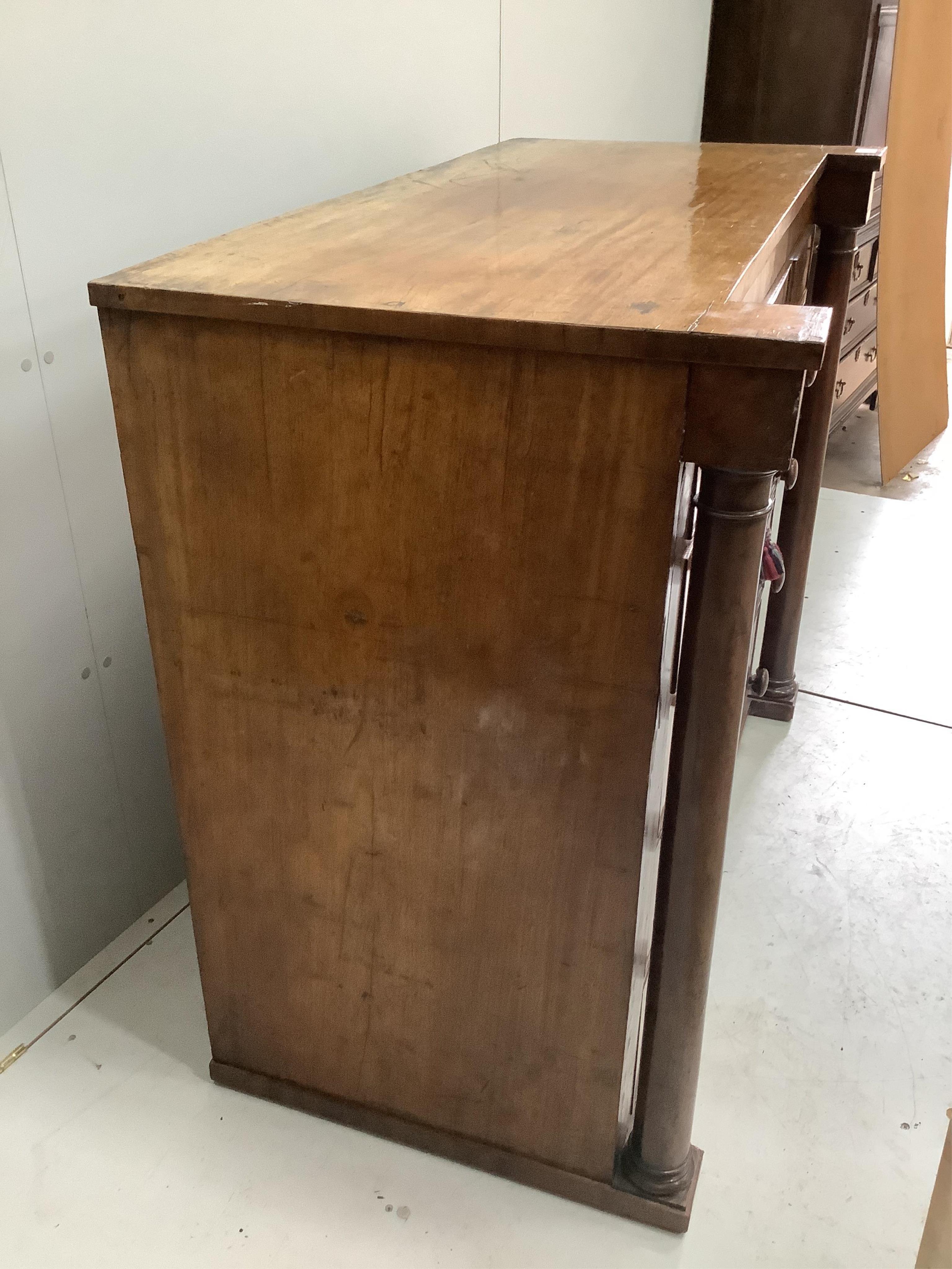 A Scottish Victorian mahogany chest, width 129cm, depth 65cm, height 108cm. Condition - feet lacking, otherwise fair